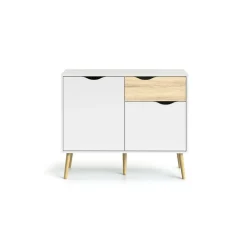 Madie|Credenze > Dmora Credenza bianca e quercia 98x39x81h cm 2 ante e 1 cassetto - Audit Marrone, Bianco Quercia