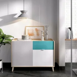 Credenza bianca e rovere 105x43x75h cm 2 ante e 1 cassetto - Ascot