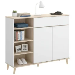 Credenza bianca e rovere 120x40x102h cm 2 ante e 1 cassetto - Aleandro