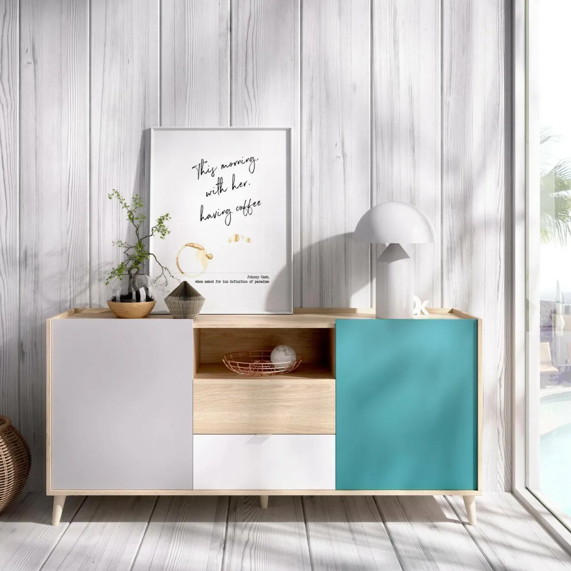Credenza bianca e rovere 155x43x75h cm 2 ante e 2 cassetti - Asa
