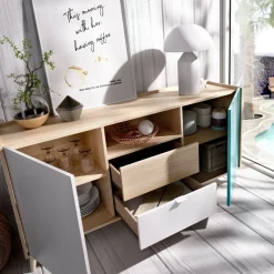 Credenza bianca e rovere 155x43x75h cm 2 ante e 2 cassetti - Asa