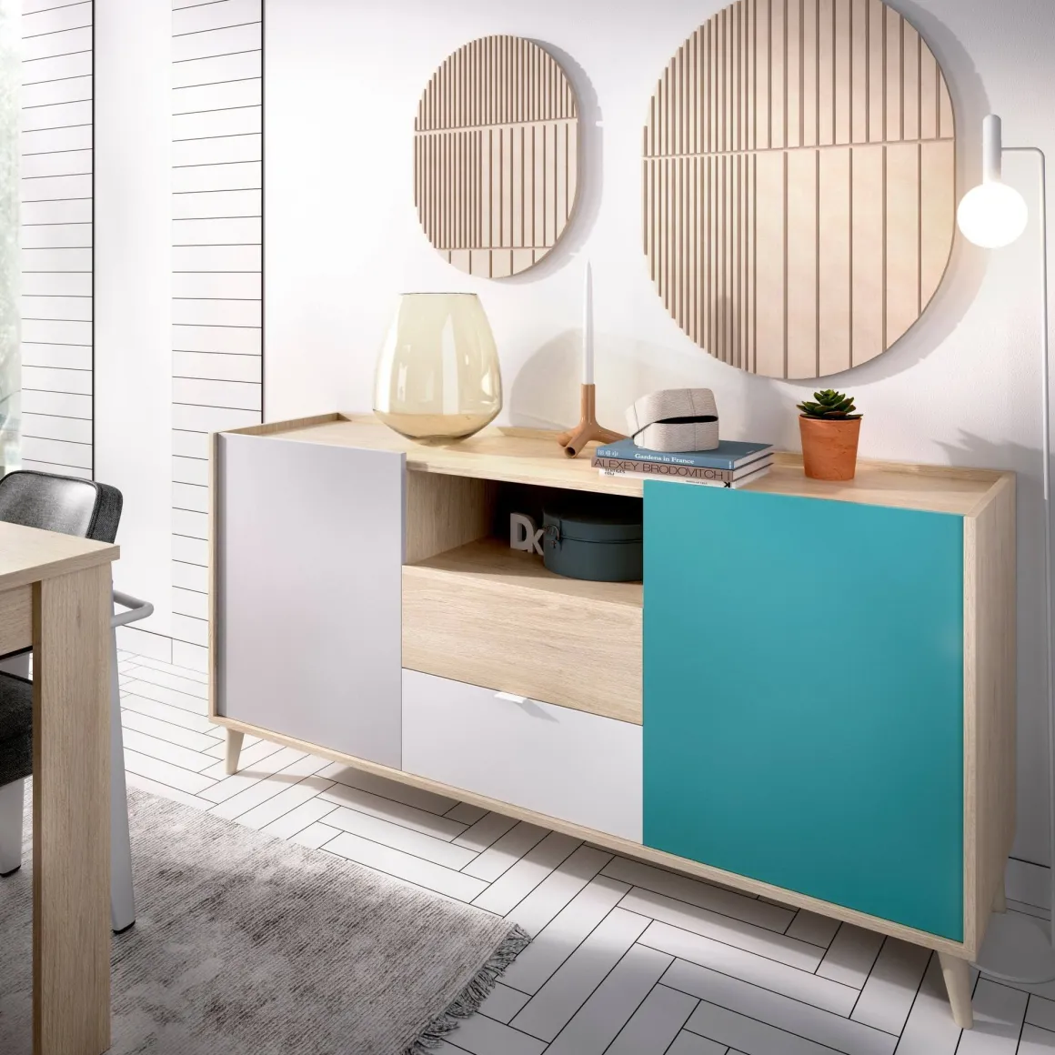 Credenza bianca e rovere 155x43x75h cm 2 ante e 2 cassetti - Asa
