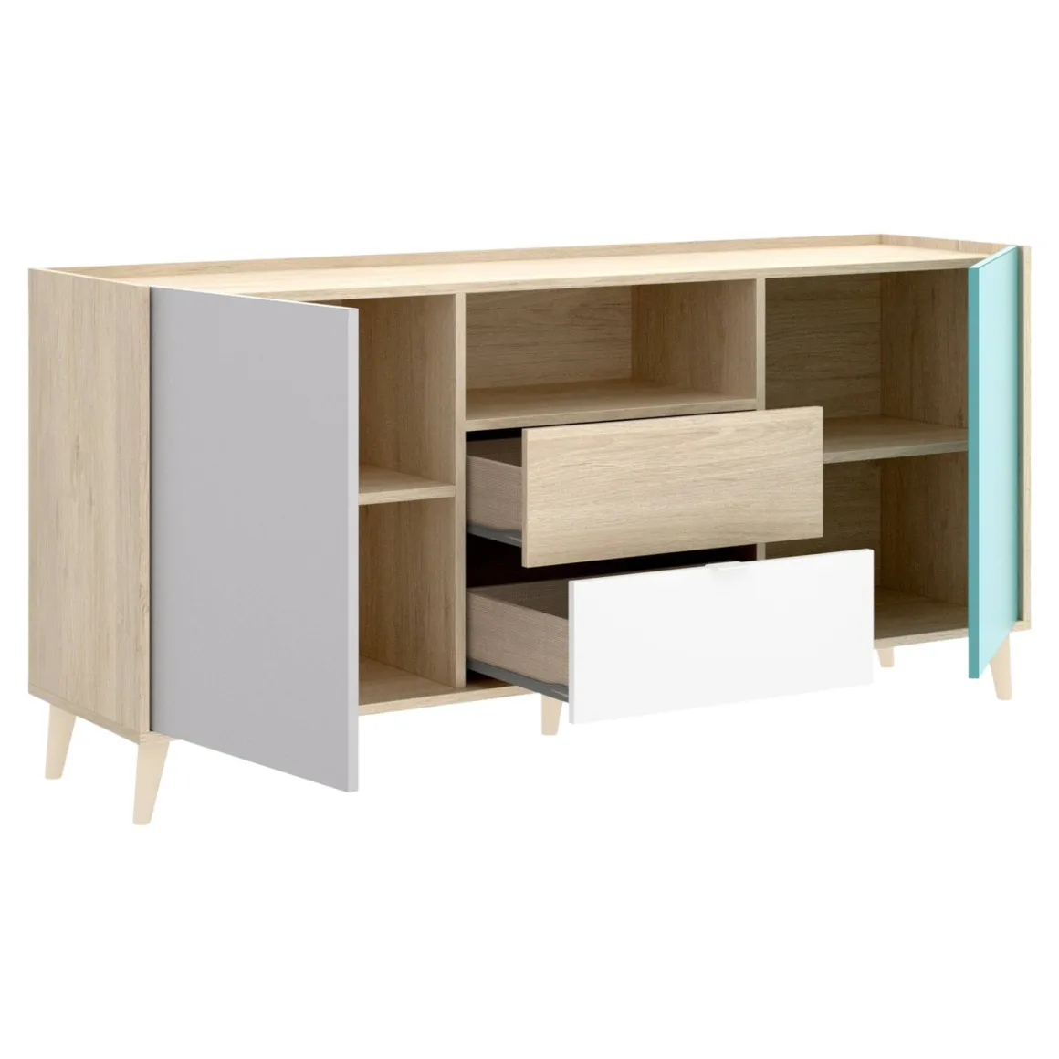 Credenza bianca e rovere 155x43x75h cm 2 ante e 2 cassetti - Asa