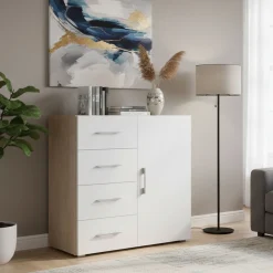 Credenza bianca e rovere 90x41x87h cm 1 anta e 4 cassetti - Aracnida
