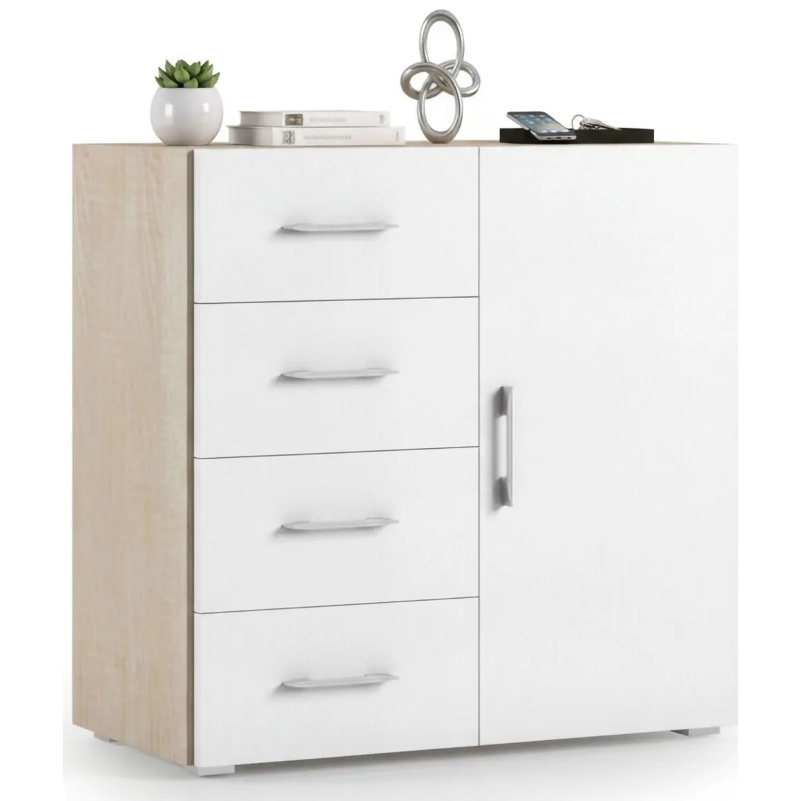 Credenza bianca e rovere 90x41x87h cm 1 anta e 4 cassetti - Aracnida
