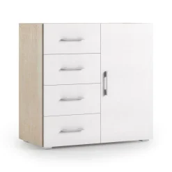 Credenza bianca e rovere 90x41x87h cm 1 anta e 4 cassetti - Aracnida