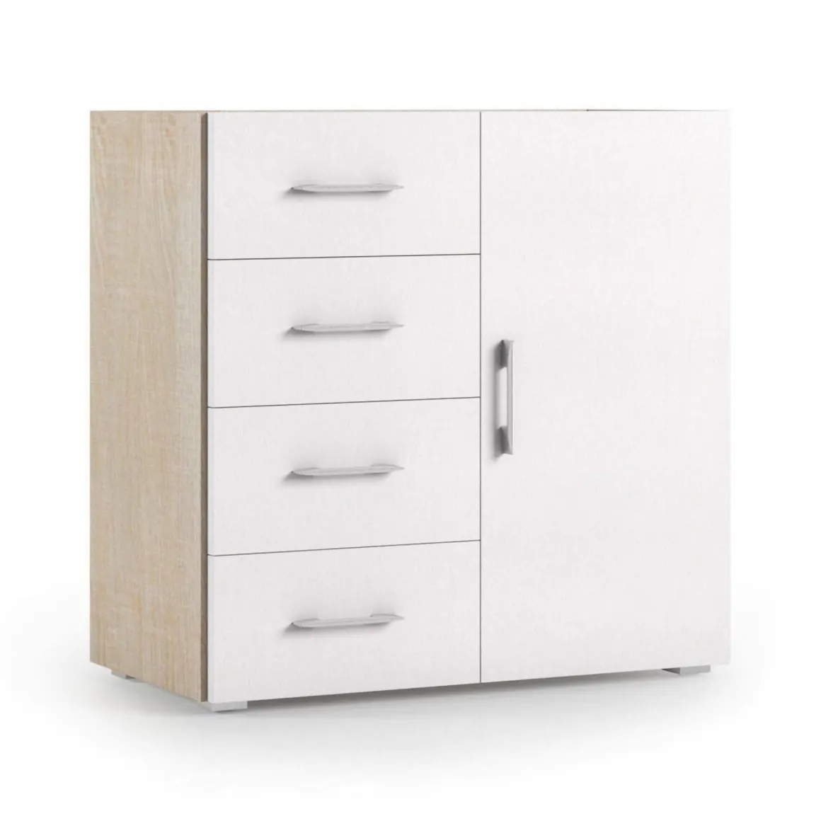 Credenza bianca e rovere 90x41x87h cm 1 anta e 4 cassetti - Aracnida