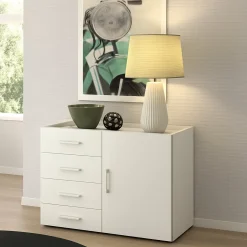 Cucina|Madie > Dmora Credenza bianca 90x41x87h cm 1 anta e 4 cassetti - Aracnida Bianco
