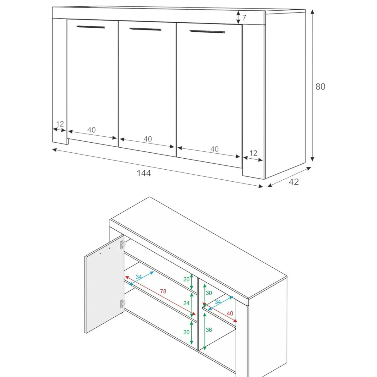 Cucina|Madie > Dmora Credenza bianca 144x42x80h cm 3 ante - Amaculi Bianco