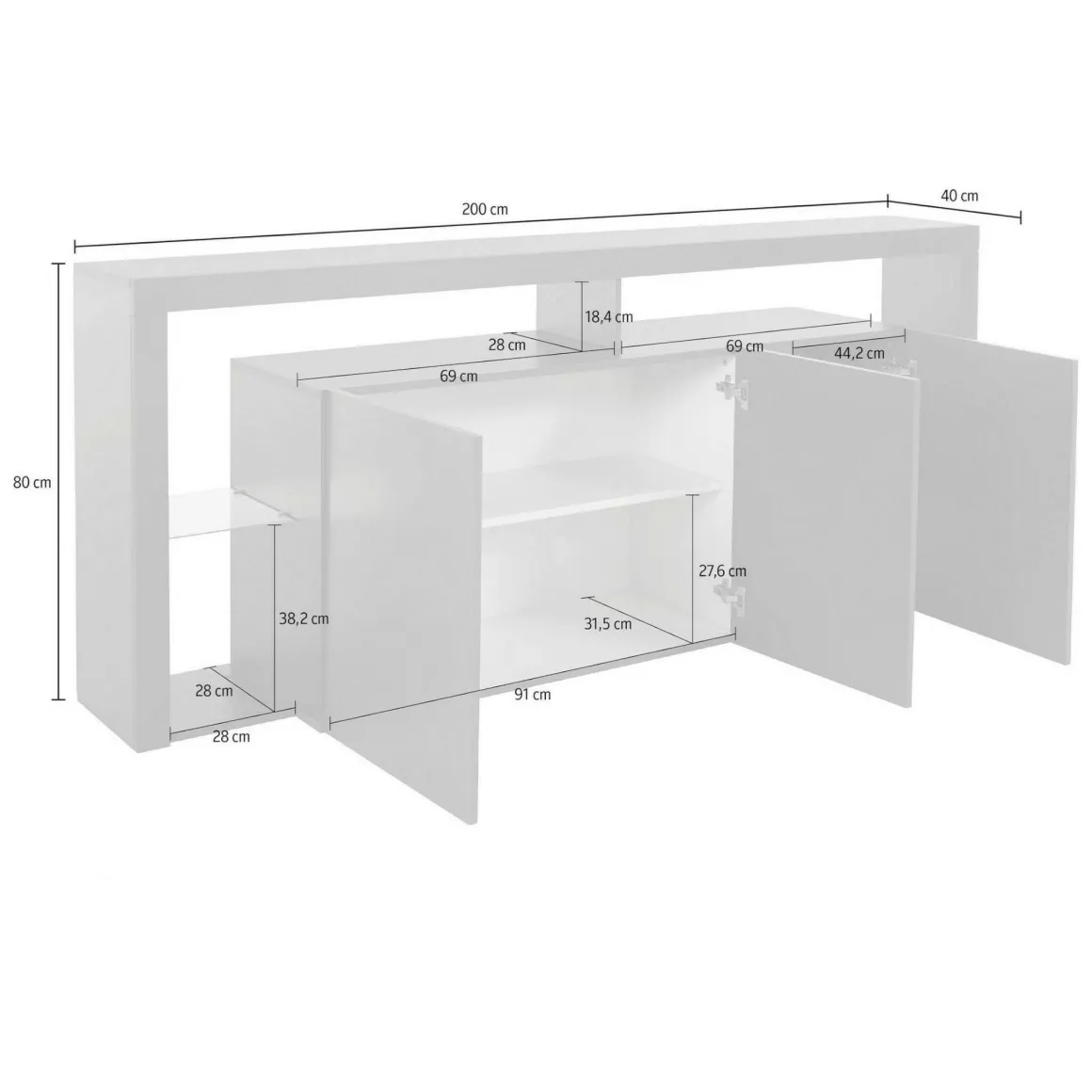 Credenza bianca 200x40x80h cm 3 ante - Andaleiv