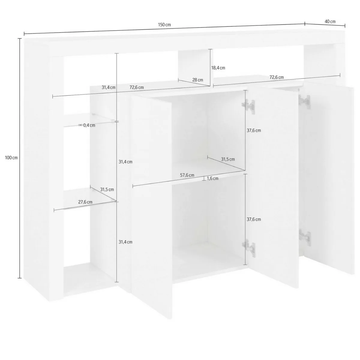 Cucina|Salotto > Dmora Credenza bianca 150x40x100h cm 3 ante - Bagnasco Bianco