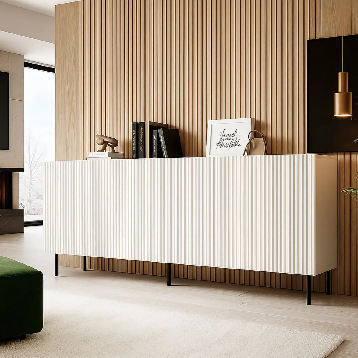Madie|Credenze > Dmora Credenza bianca 200x42x82h cm 4 ante - Corana Bianco
