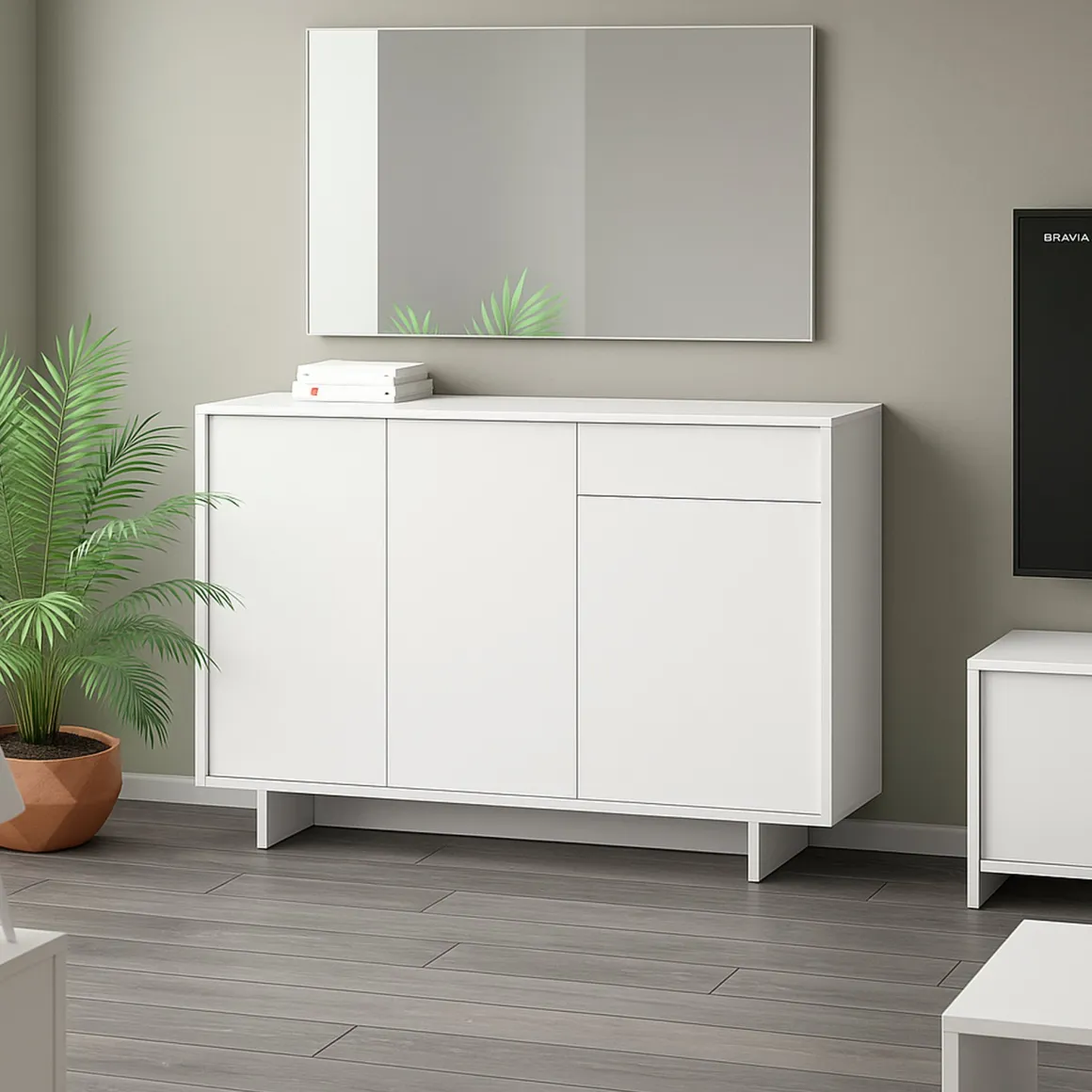 Credenza bianca 134x35x87h cm 3 ante e 1 cassetto - Arius