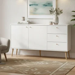 Madie|Credenze > Dmora Credenza bianca 147x39x81h cm 2 ante e 3 cassetti - Erina Bianco
