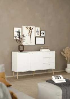 Madie|Credenze > Dmora Credenza bianca 147x39x81h cm 2 ante e 3 cassetti - Erina Bianco
