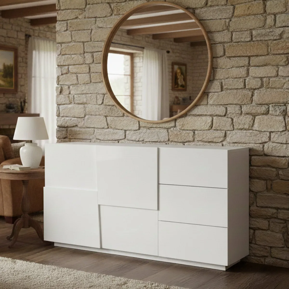 Cucina|Madie > Dmora Credenza bianca 180x44x86h cm 2 ante e 3 cassetti - Avelignese Bianco