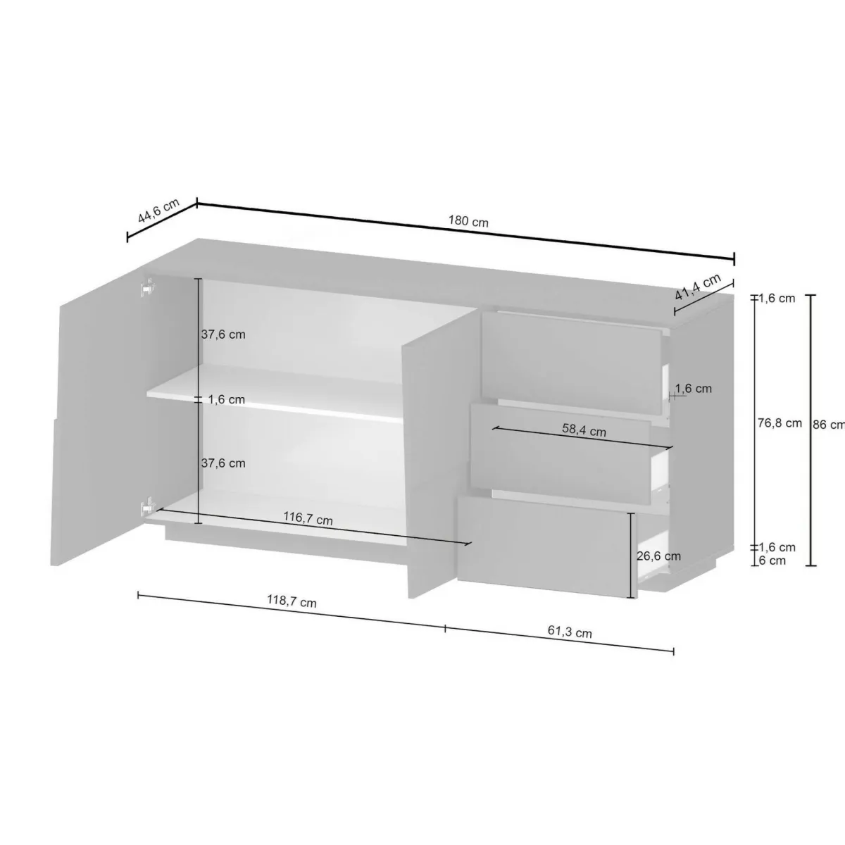 Cucina|Madie > Dmora Credenza bianca 180x44x86h cm 2 ante e 3 cassetti - Avelignese Bianco