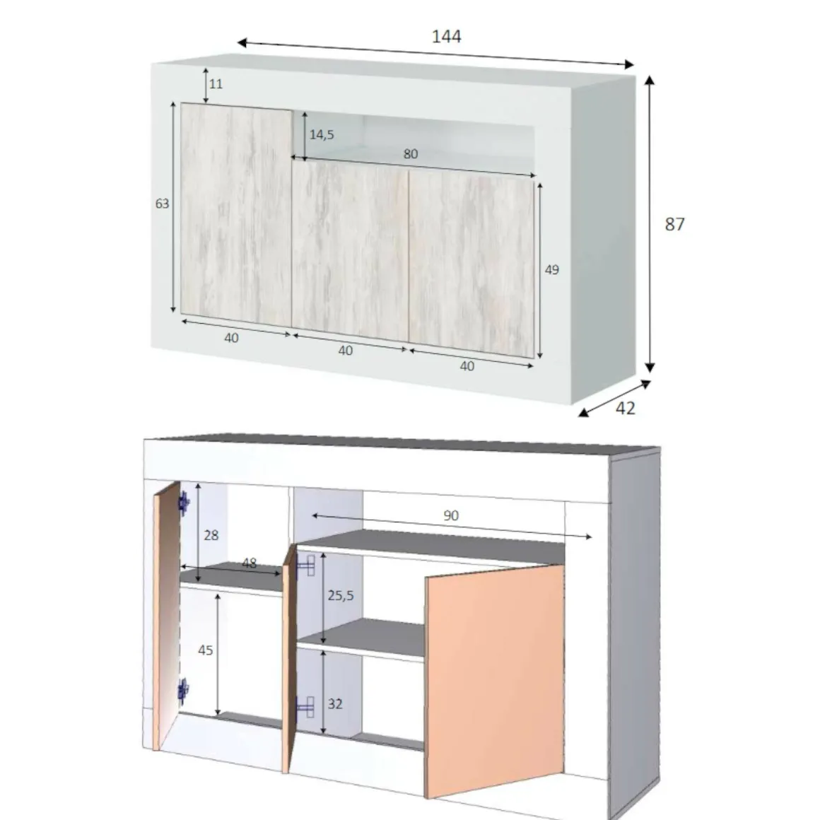 Credenza bianca 144x42x87h cm 3 ante - Ilizia
