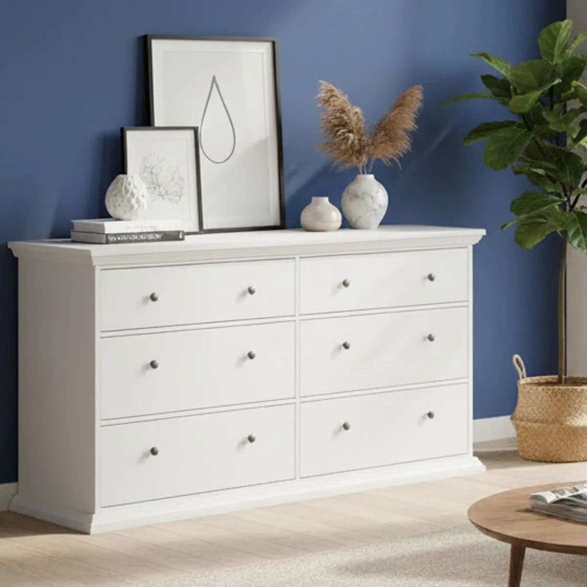 Madie|Credenze > Dmora Credenza bianca 163x51x88h cm 6 cassetti - Hibaru Bianco