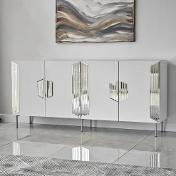Madie|Credenze > Dmora Credenza Bianco Argento 4 Ripiani 4 Ante 180x40x80h cm, 8 Vani - Trigolo Argento, Bianco