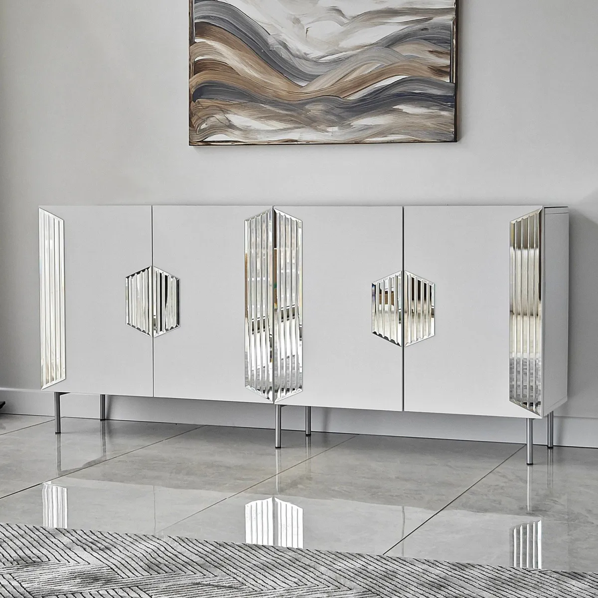 Madie|Credenze > Dmora Credenza Bianco Argento 4 Ripiani 4 Ante 180x40x80h cm, 8 Vani - Trigolo Argento, Bianco