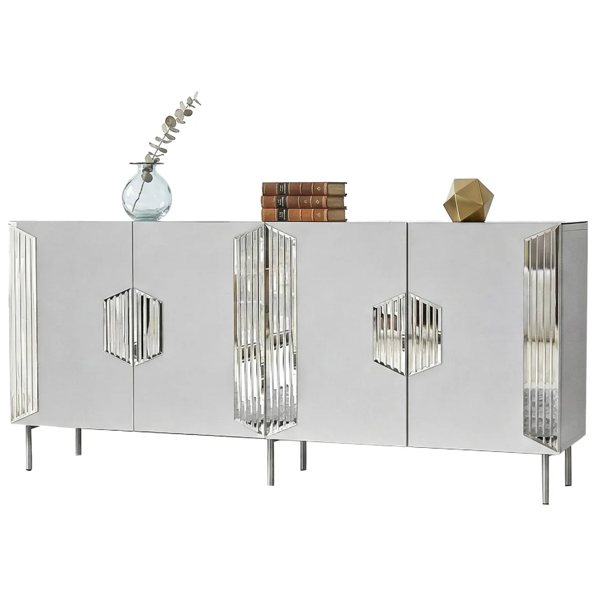 Madie|Credenze > Dmora Credenza Bianco Argento 4 Ripiani 4 Ante 180x40x80h cm, 8 Vani - Trigolo Argento, Bianco