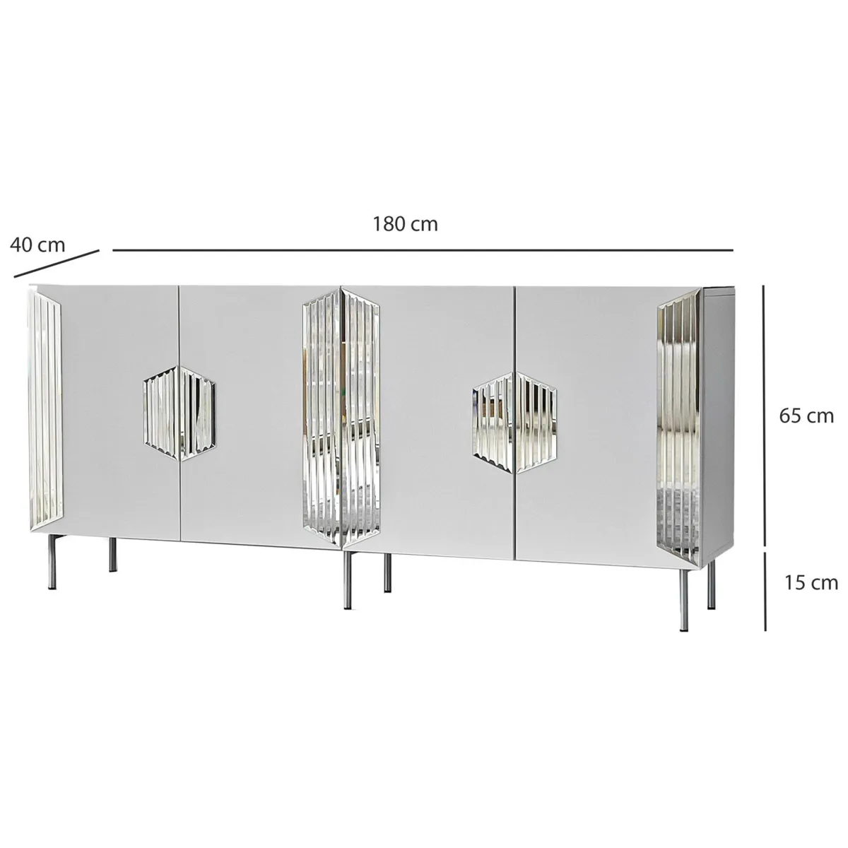 Madie|Credenze > Dmora Credenza Bianco Argento 4 Ripiani 4 Ante 180x40x80h cm, 8 Vani - Trigolo Argento, Bianco