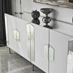 Madie|Credenze > Dmora Credenza Bianco Argento 4 Ripiani 4 Ante 180x40x80h cm, 8 Vani - Trigolo Argento, Bianco