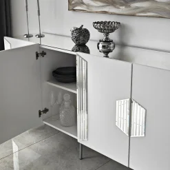 Madie|Credenze > Dmora Credenza Bianco Argento 4 Ripiani 4 Ante 180x40x80h cm, 8 Vani - Trigolo Argento, Bianco