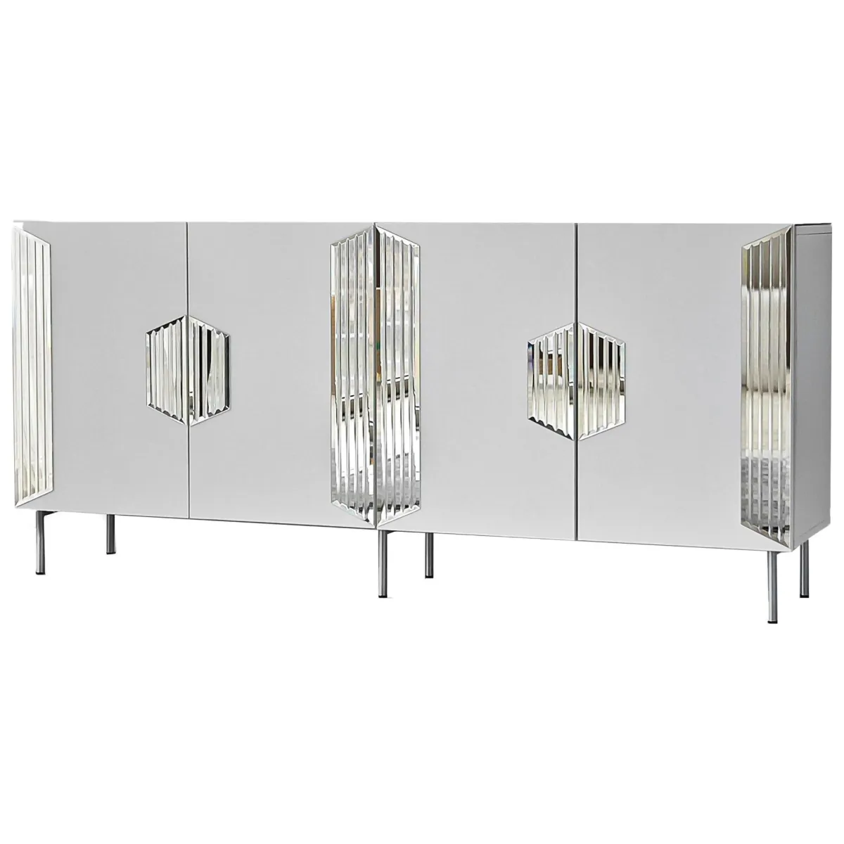 Madie|Credenze > Dmora Credenza Bianco Argento 4 Ripiani 4 Ante 180x40x80h cm, 8 Vani - Trigolo Argento, Bianco