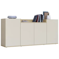 Madie|Credenze > Dmora Credenza Bianco Cashmere Marrone Rovere Chiaro 6 Ripiani Apertura Battente 160x35x70h cm, 4 Ante Made in Italy - Swink Marrone Rovere chiaro, Bianco Cashmere
