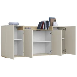 Madie|Credenze > Dmora Credenza Bianco Cashmere Marrone Rovere Chiaro 6 Ripiani Apertura Battente 160x35x70h cm, 4 Ante Made in Italy - Swink Marrone Rovere chiaro, Bianco Cashmere