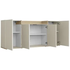 Madie|Credenze > Dmora Credenza Bianco Cashmere Marrone Rovere Chiaro 6 Ripiani Apertura Battente 160x35x70h cm, 4 Ante Made in Italy - Swink Marrone Rovere chiaro, Bianco Cashmere