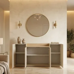 Madie|Credenze > Dmora Credenza Bianco Cashmere Marrone Rovere Chiaro 6 Ripiani Apertura Battente 160x35x70h cm, 4 Ante Made in Italy - Swink Marrone Rovere chiaro, Bianco Cashmere