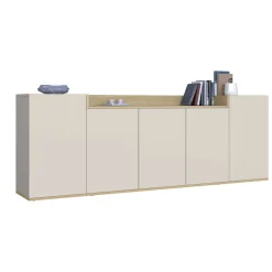 Credenza Bianco Cashmere Marrone Rovere Chiaro 7 Ripiani Apertura Battente 200x35x70h cm, 5 Ante Made in Italy - Cordele