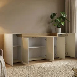 Credenza Bianco Cashmere Marrone Rovere Chiaro 7 Ripiani Apertura Battente 200x35x70h cm, 5 Ante Made in Italy - Cordele