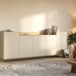 Credenza Bianco Cashmere Marrone Rovere Chiaro 7 Ripiani Apertura Battente 200x35x70h cm, 5 Ante Made in Italy - Cordele