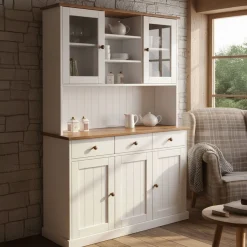 Madie|Credenze > Dmora Credenza Bianco 3 Cassetti 4 Ripiani 131x45x181h cm, Apertura Battente - Loranze Marrone Quercia, Bianco