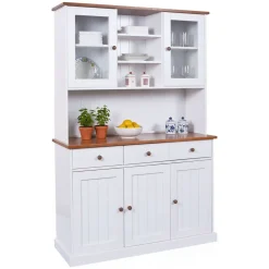 Madie|Credenze > Dmora Credenza Bianco 3 Cassetti 4 Ripiani 131x45x181h cm, Apertura Battente - Loranze Marrone Quercia, Bianco