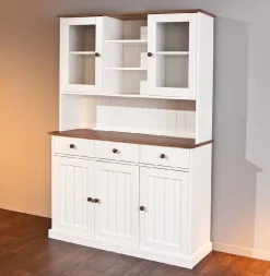 Madie|Credenze > Dmora Credenza Bianco 3 Cassetti 4 Ripiani 131x45x181h cm, Apertura Battente - Loranze Marrone Quercia, Bianco
