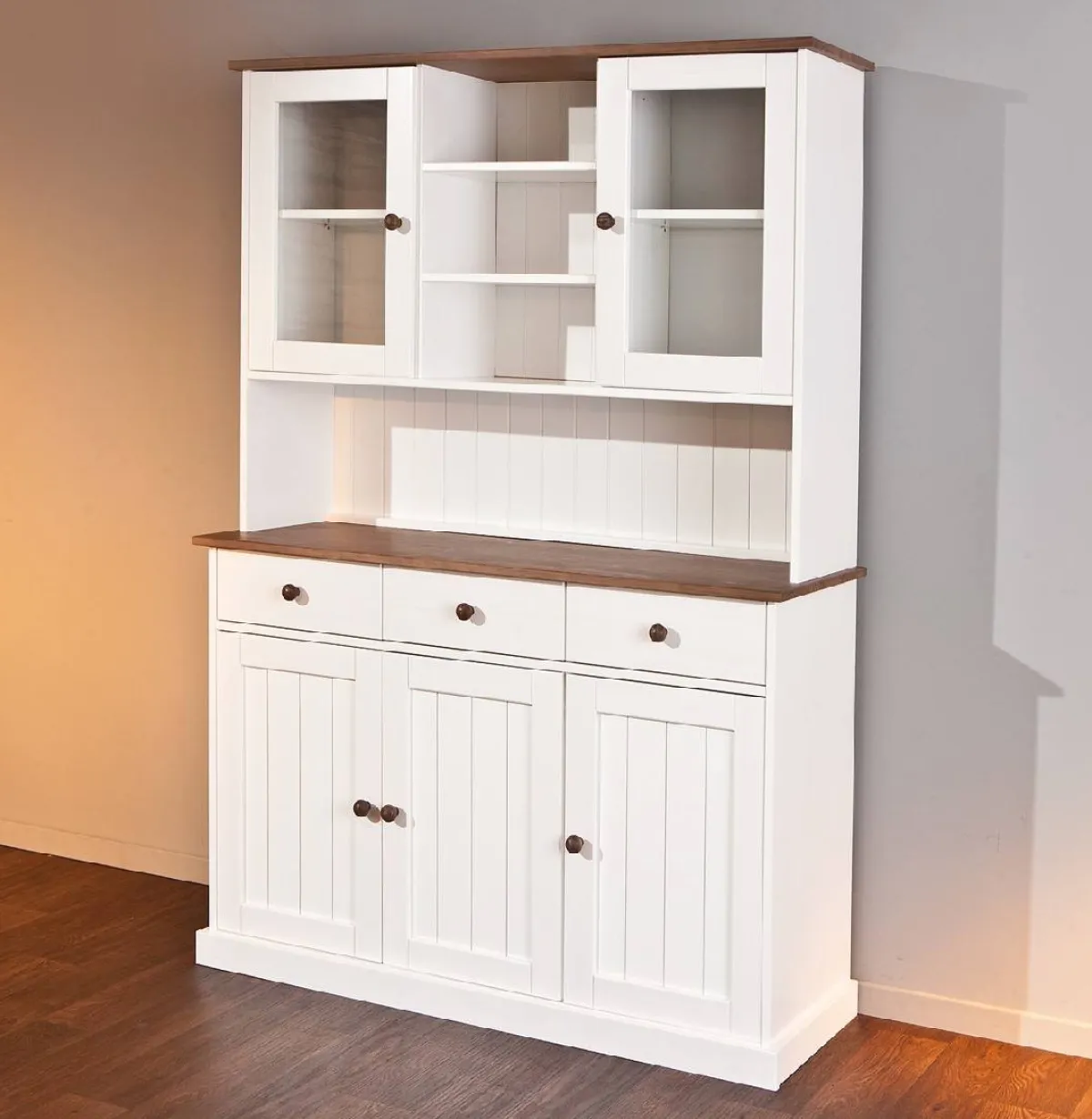 Madie|Credenze > Dmora Credenza Bianco 3 Cassetti 4 Ripiani 131x45x181h cm, Apertura Battente - Loranze Marrone Quercia, Bianco