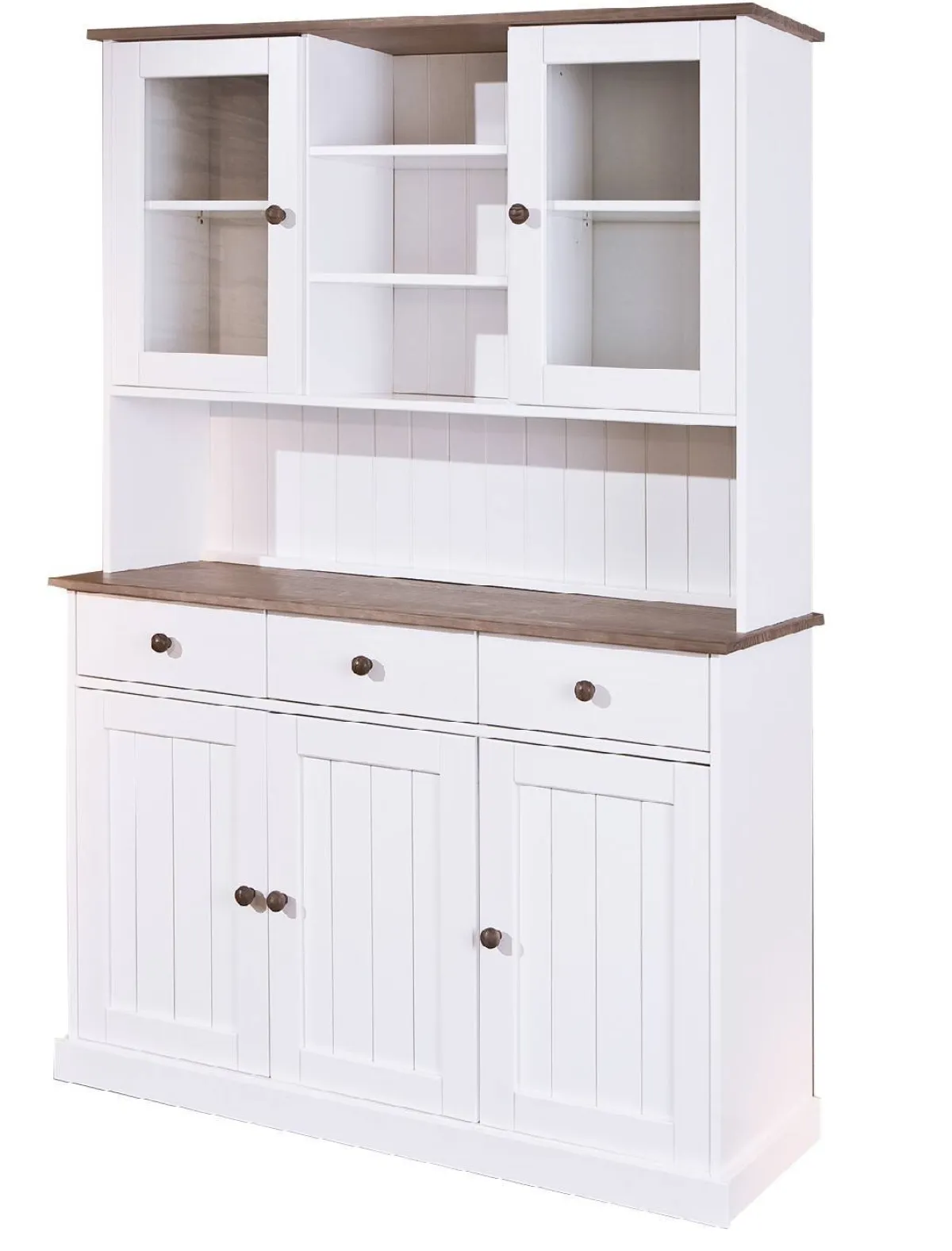 Madie|Credenze > Dmora Credenza Bianco 3 Cassetti 4 Ripiani 131x45x181h cm, Apertura Battente - Loranze Marrone Quercia, Bianco