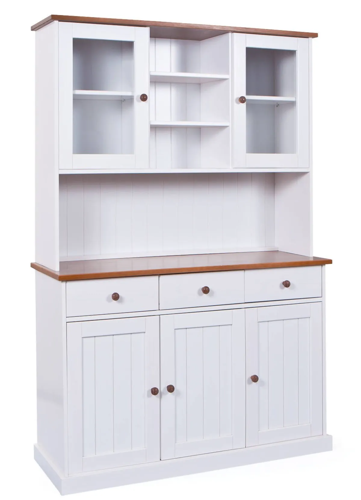 Madie|Credenze > Dmora Credenza Bianco 3 Cassetti 4 Ripiani 131x45x181h cm, Apertura Battente - Loranze Marrone Quercia, Bianco
