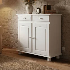 Madie|Credenze > Dmora Credenza Bianco 2 Cassetti un Ripiano 90x45x86h cm, Apertura Battente - Buja Marrone Rovere, Bianco