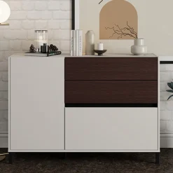 Credenze > Dmora Credenza Bianco Crema Marrone Noce 2 Ripiani 3 Cassetti 125x40x92h cm, Un'anta - Sideme Marrone Noce, Bianco Crema
