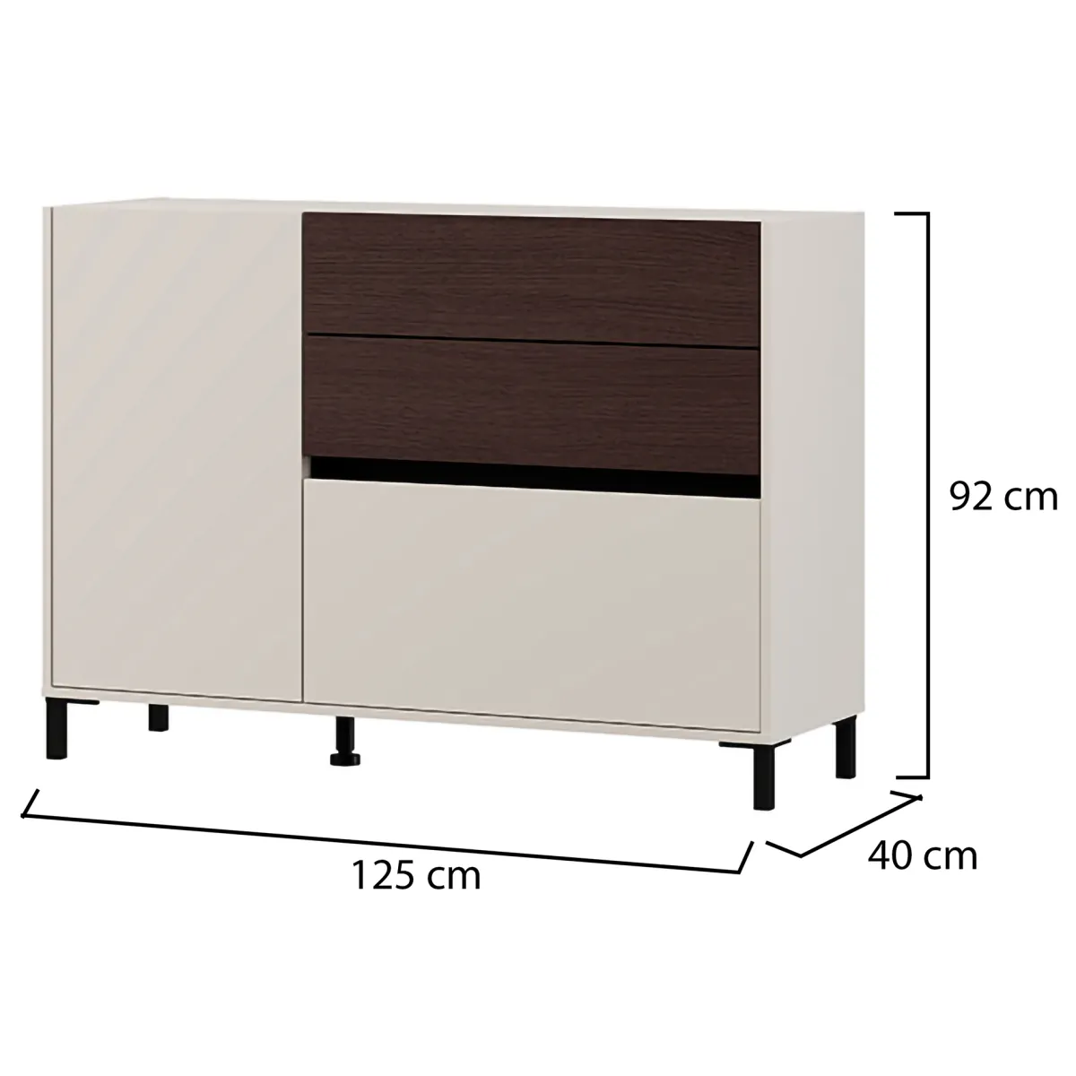 Credenze > Dmora Credenza Bianco Crema Marrone Noce 2 Ripiani 3 Cassetti 125x40x92h cm, Un'anta - Sideme Marrone Noce, Bianco Crema