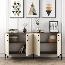 Credenza Bianco Crema Marrone Noce 2 Ripiani 4 Ante 160x35x78h cm, 4 Vani - Sinopoli