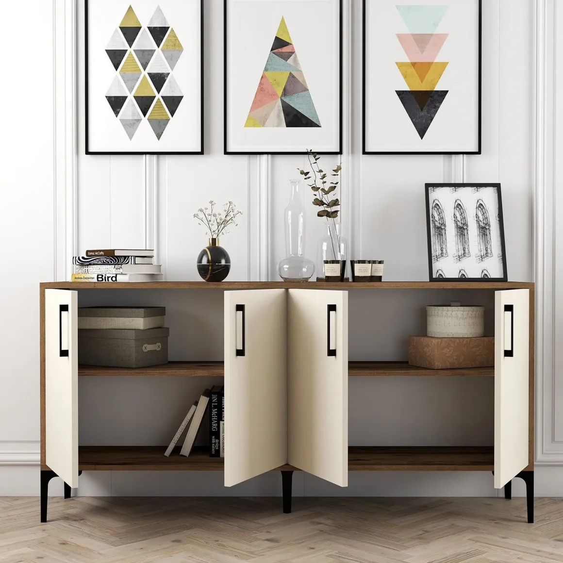 Credenza Bianco Crema Marrone Noce 2 Ripiani 4 Ante 160x35x78h cm, 4 Vani - Sinopoli