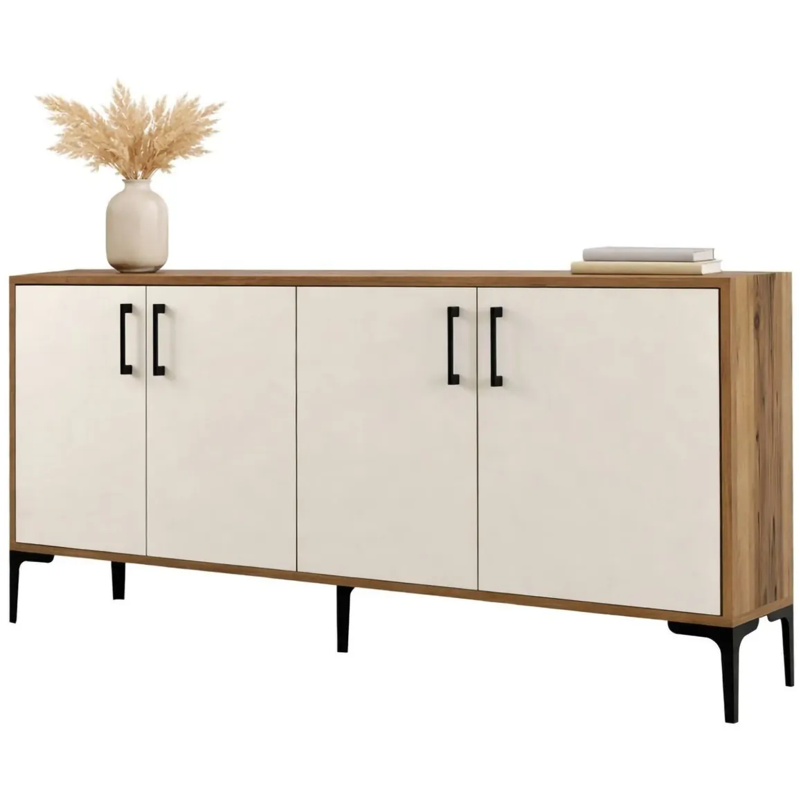 Credenza Bianco Crema Marrone Noce 2 Ripiani 4 Ante 160x35x78h cm, 4 Vani - Sinopoli