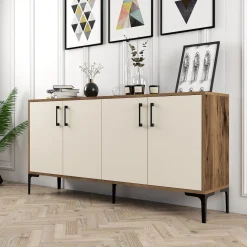 Credenza Bianco Crema Marrone Noce 2 Ripiani 4 Ante 160x35x78h cm, 4 Vani - Sinopoli